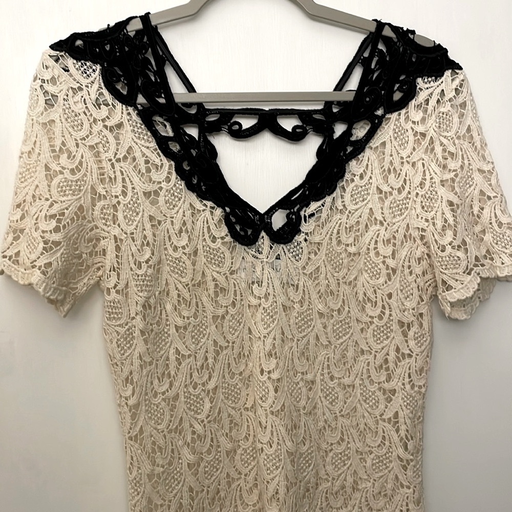 Cream Crochet Deep V-neck Dress with Black Trim